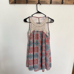 Speechless Teal and Coral Patterned Crochet Mini Dress